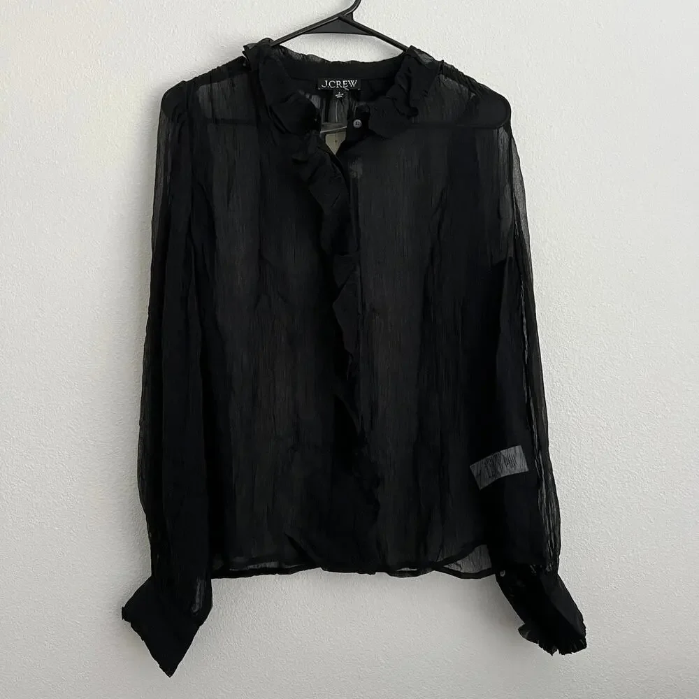 J Crew Ruffle Button Up Shirt In Crinkle Chiffon Womens Size 4 Sheer Black Flaws